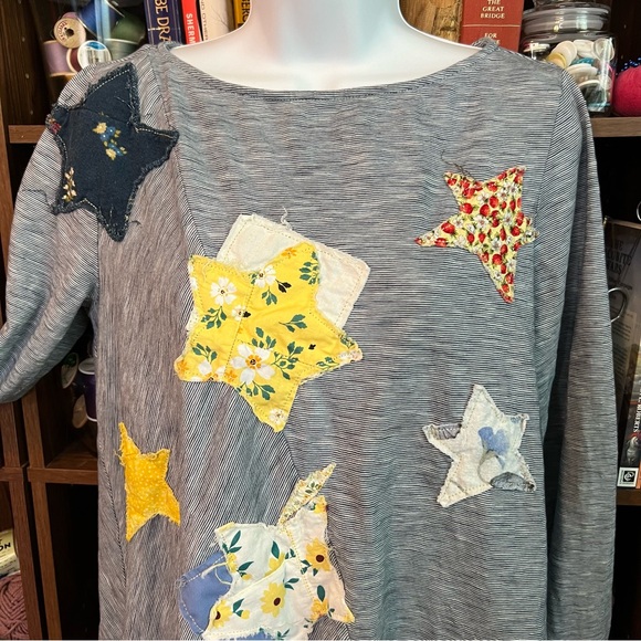 Upcycled Patchwork Star Print Distressed Cotton Stretch Tunic Top - Picture 3 of 14